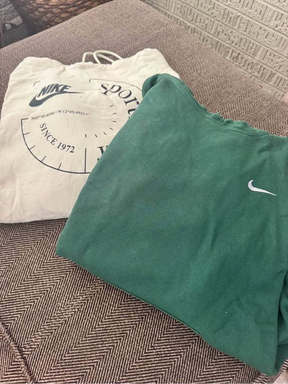 Two Nike Sweatshirts, Green Hooded Sweatshirt with White Logo, Cream Hoodie